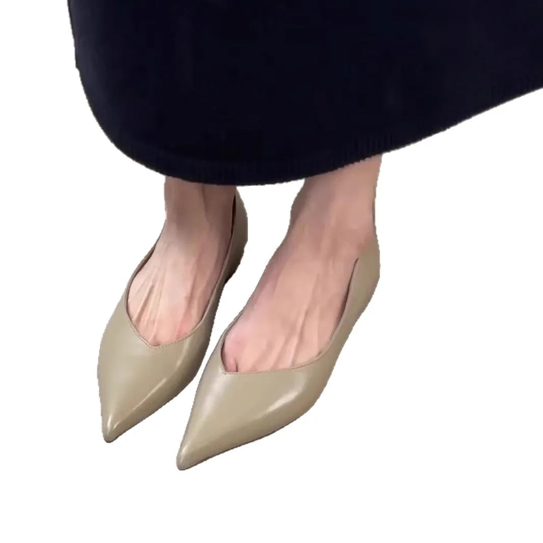 French Minimalist Pointed Toe Height Increasing Insole Flat Bottom Pumps in Black and Granny Grey Sizes 35-40 with Flanging, Stitching and Leather Stitching Simple Style Solid Colour Rubber Sole