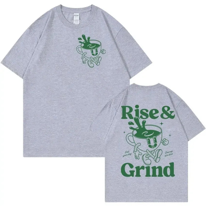 Rise And Grind Green Coffee cartoon graphic printed on a loose fit linen blend t-shirt.