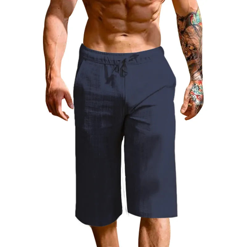 Men's loose linen blend cropped trousers in khaki, front view, casual fit mid waist