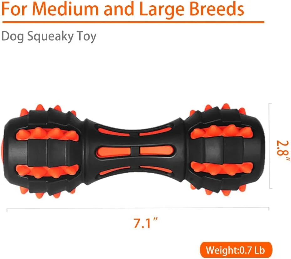 Red dumbbell-shaped dog chew toy made of durable natural rubber with a squeaker inside.