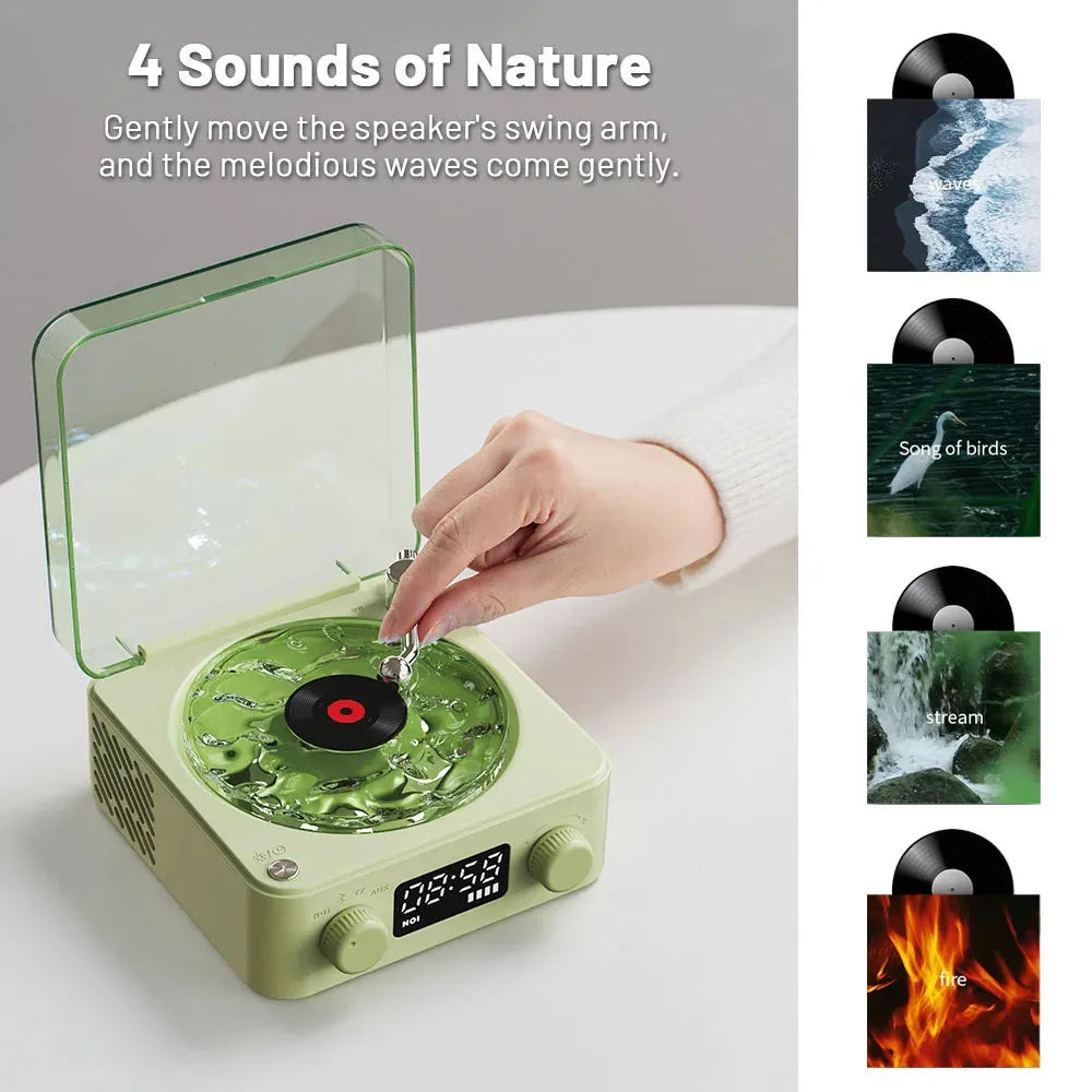 Retro Bluetooth speaker with rotating transparent turntable and RGB projection lighting effects