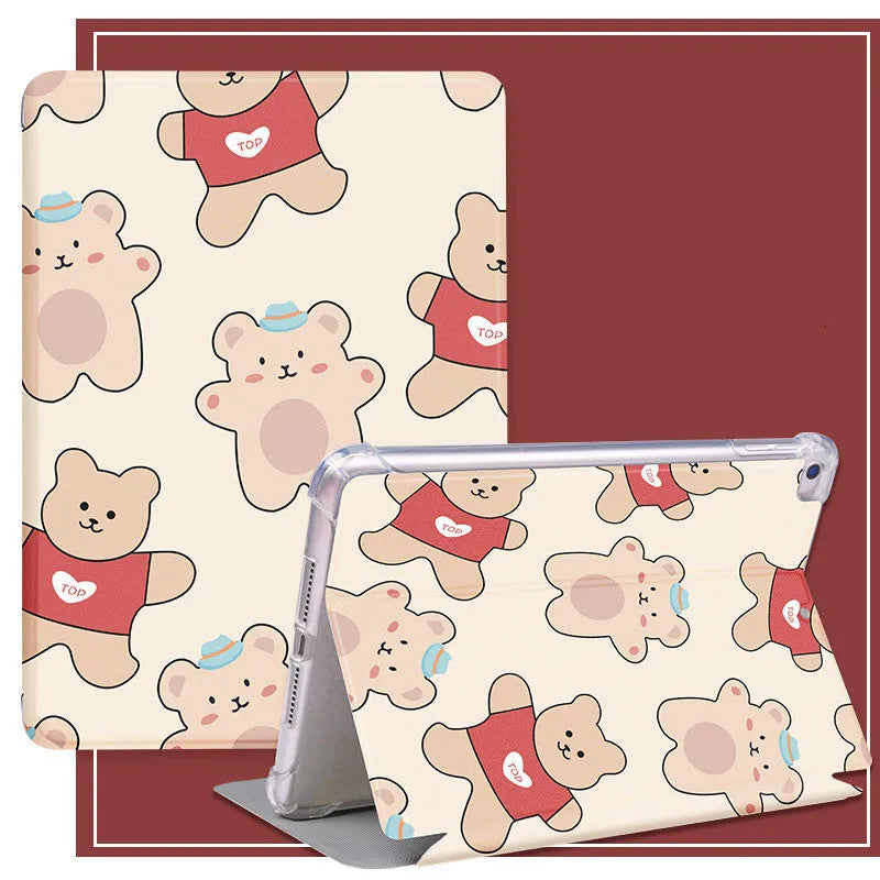 Cartoon iPad airbag drop protection cover in i035 Strawberry Bear style, imitation leather and silicone flip case with sleep function