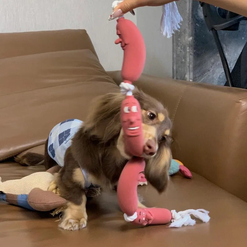 Brown fabric cat play rope with sausage-shaped sections and a grip tape handle, shown at full 108cm length.