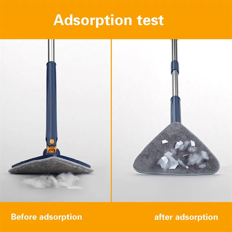 Blue extendable triangle cleaning mop with rotating head and stainless steel pole on a tiled floor.