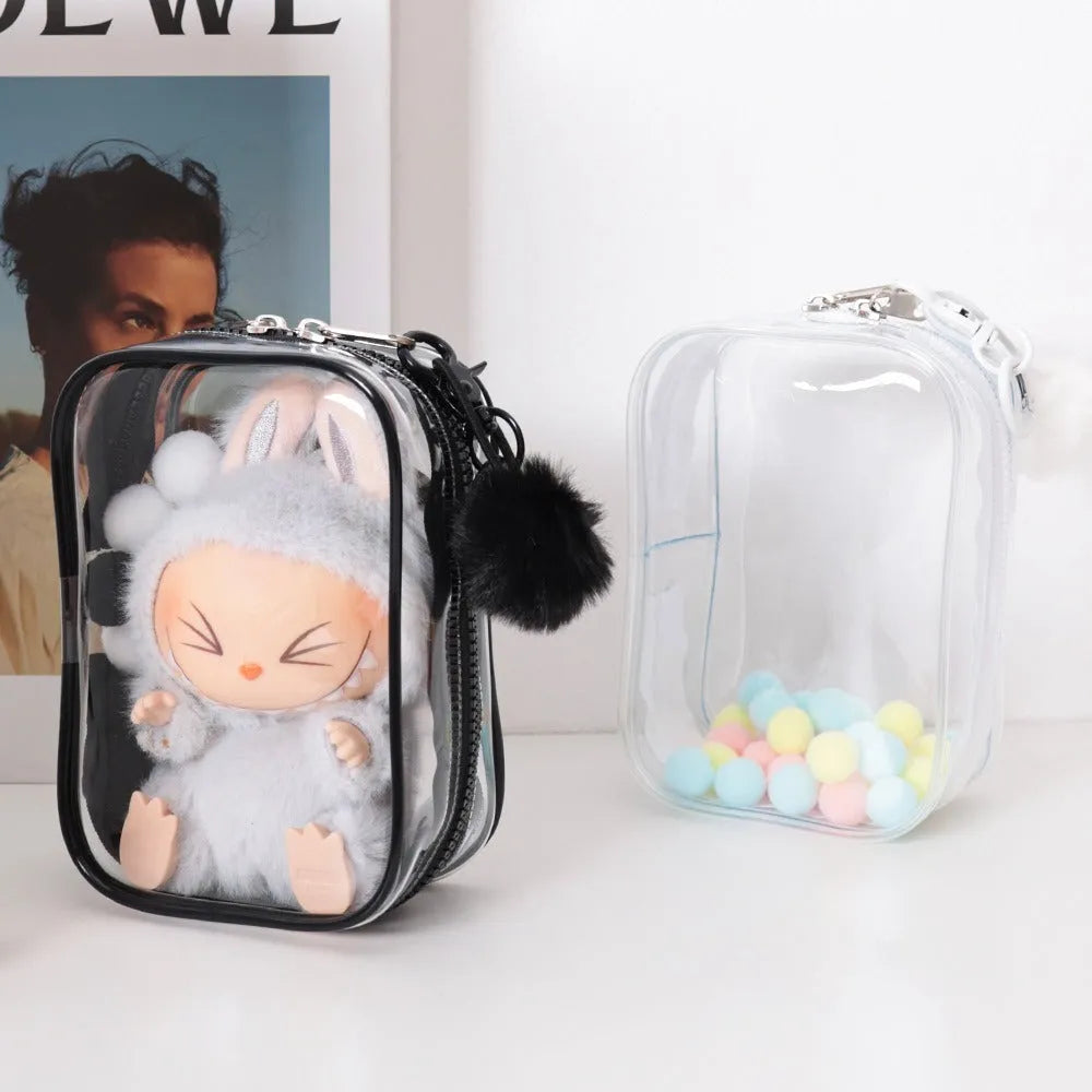 Semi-transparent PVC makeup bag in black, pink, or white colour, shown in L and XL sizes.