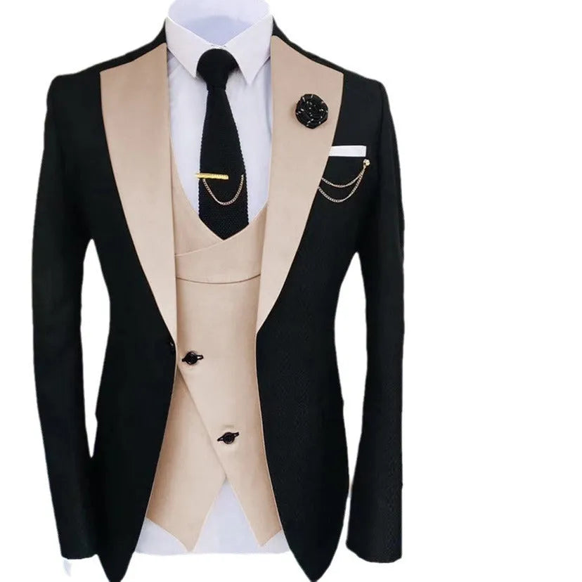 Men's black slim fit three-piece business suit with coat, vest, and trousers on a hanger.