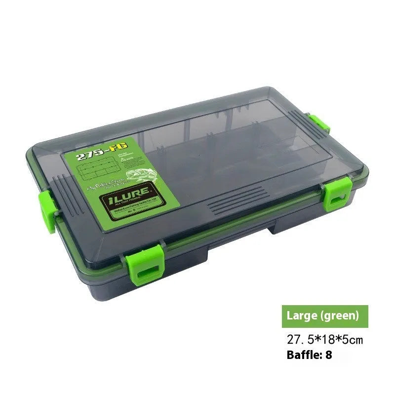 Waterproof plastic fishing lure storage box in blue, shown with internal compartments.