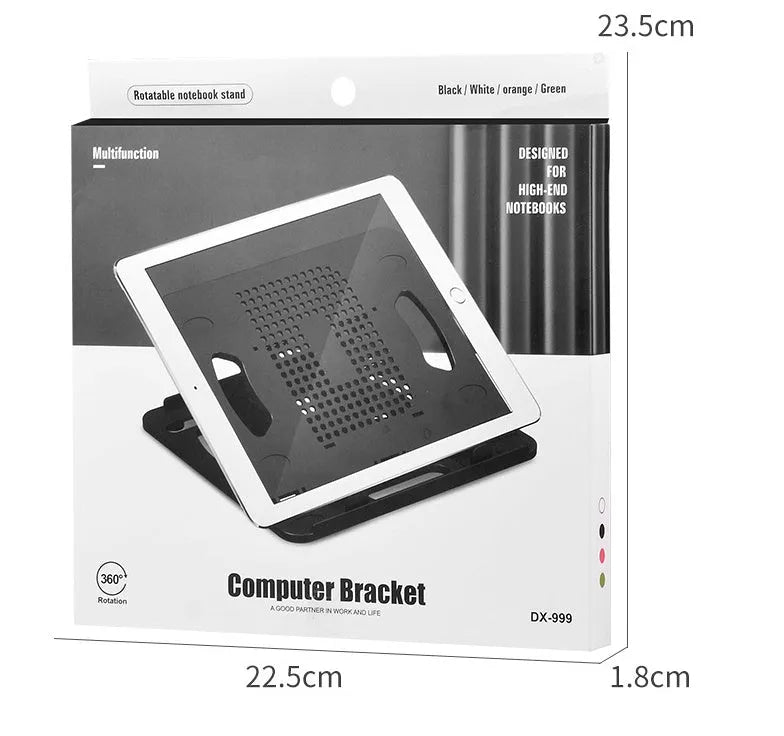 Adjustable portable laptop tablet cooling desktop stand in black, expanded view with eight gears