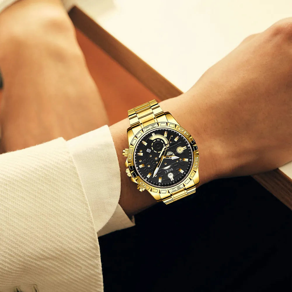 Gold-colour men's business quartz watch with stainless steel strap on wrist.