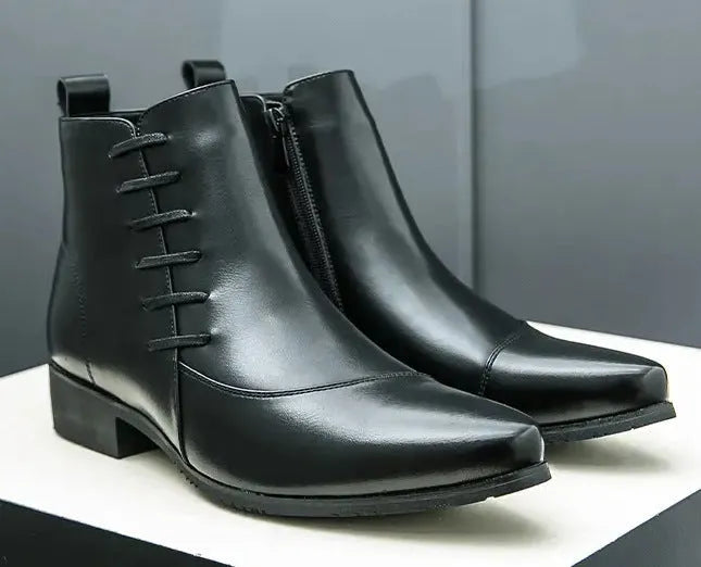 Men's large size high-top colour matching leather boots with side zipper in black and yellow