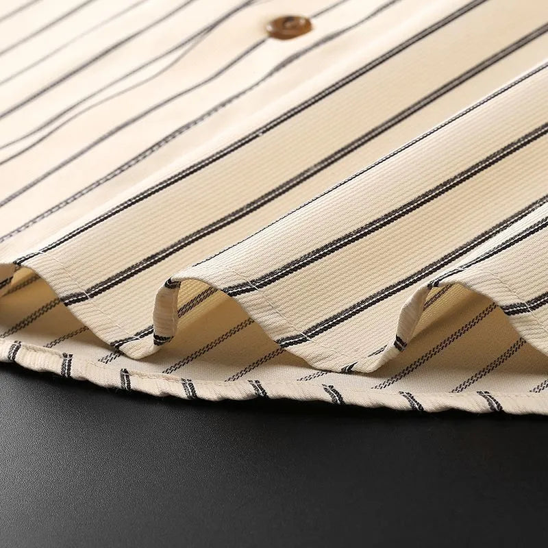 Men's non-ironing striped long-sleeved shirt with wool lining in coffee colour on hanger
