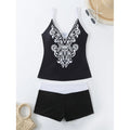 Women's plus size printed two-piece swimsuit set in black or rose red.
