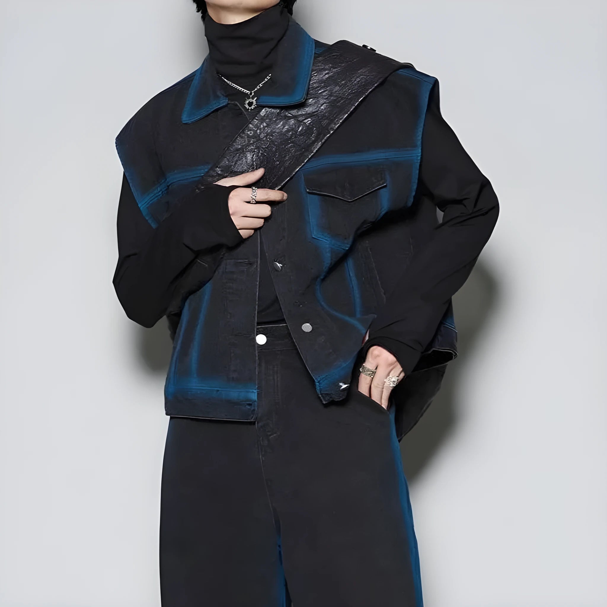 Blue distressed fleece-lined vest and jeans two-piece suit on a mannequin, front view.