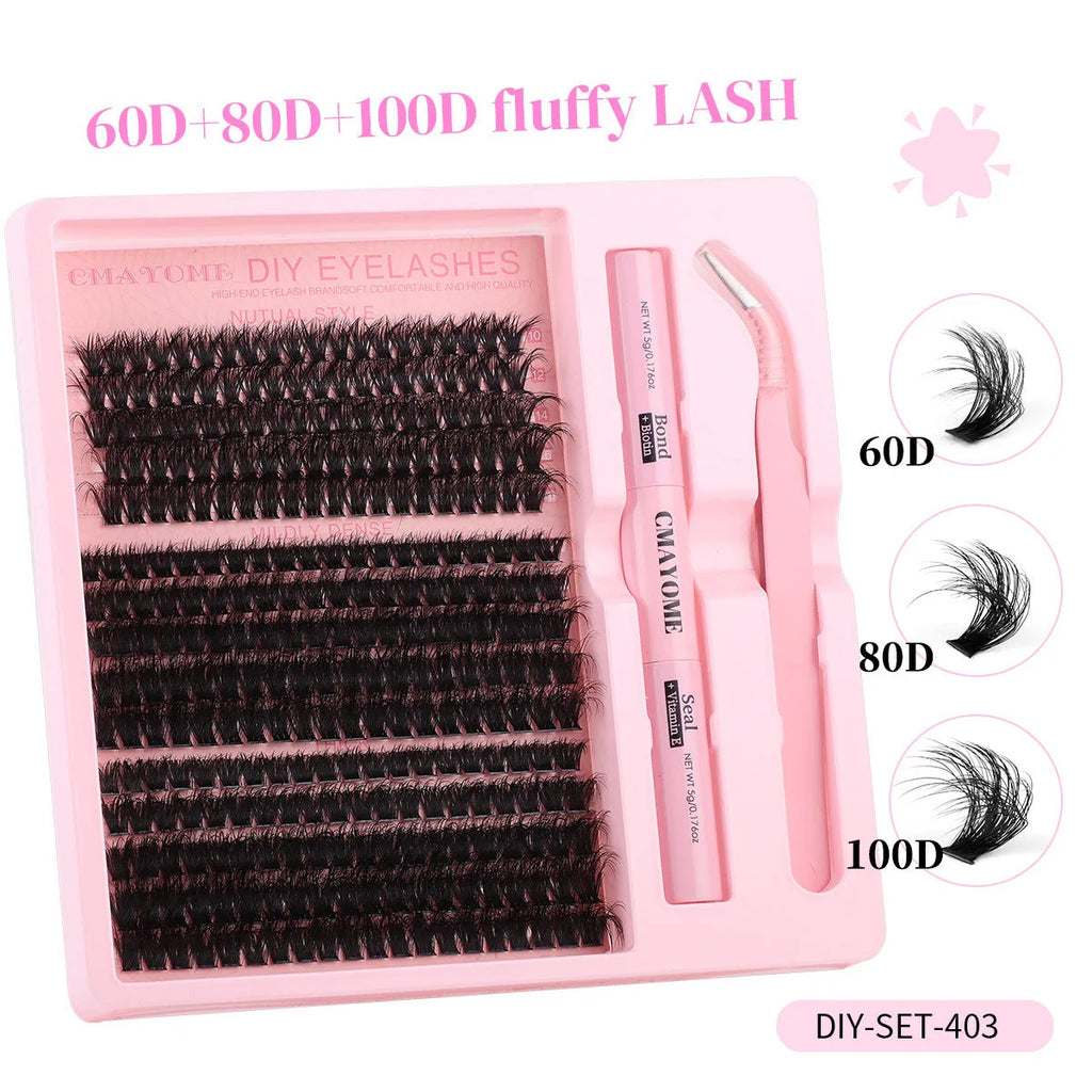 DIY false eyelashes extension kit showing cluster lashes and metal tweezers on a clean surface.