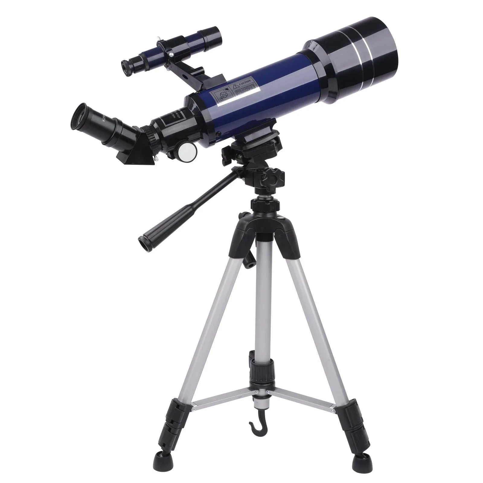 Dark blue and white children's astronomical monocular telescope on a tripod with a mobile phone holder attached.