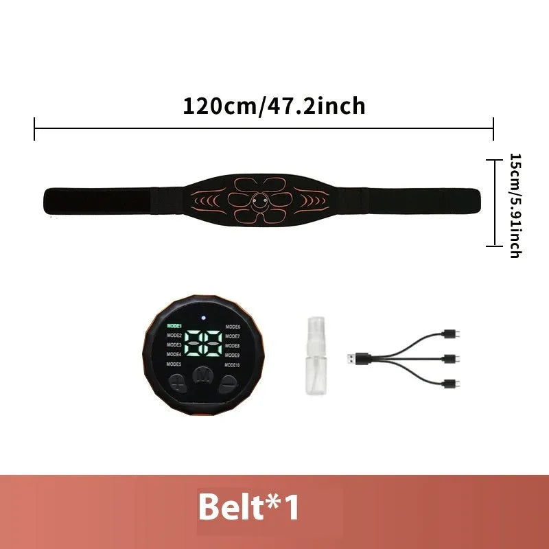 Silicone EMS belly shaping belt with stimulator unit, belt, and hand straps on a white background