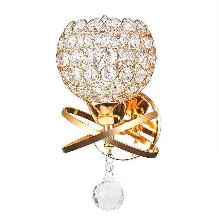 Crystal wall lamp with gold finish and crystal pendant for bedside or corridor use, 220V E27 holder