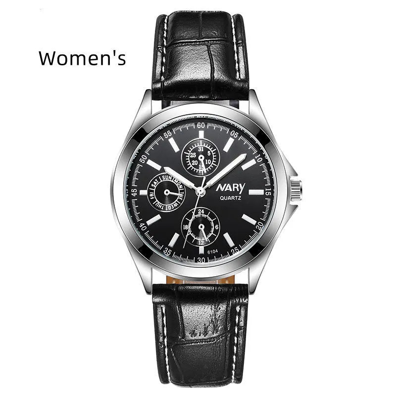 Couple three eyes six needles luminous waterproof quartz watch silver case black surface black belt