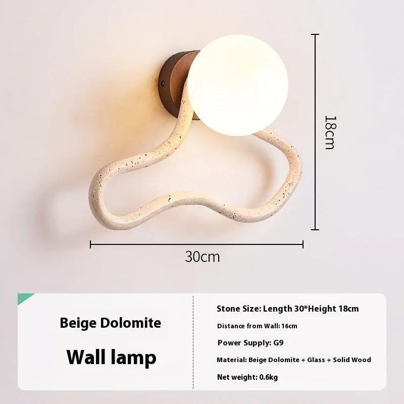 Cream coloured Middle Ancient style bedside wall lamp with travertine glass shade and wood base