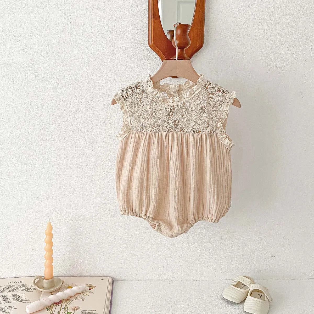 Baby girl cotton waffle lace romper in white with pullover style, suitable for 66-130cm height