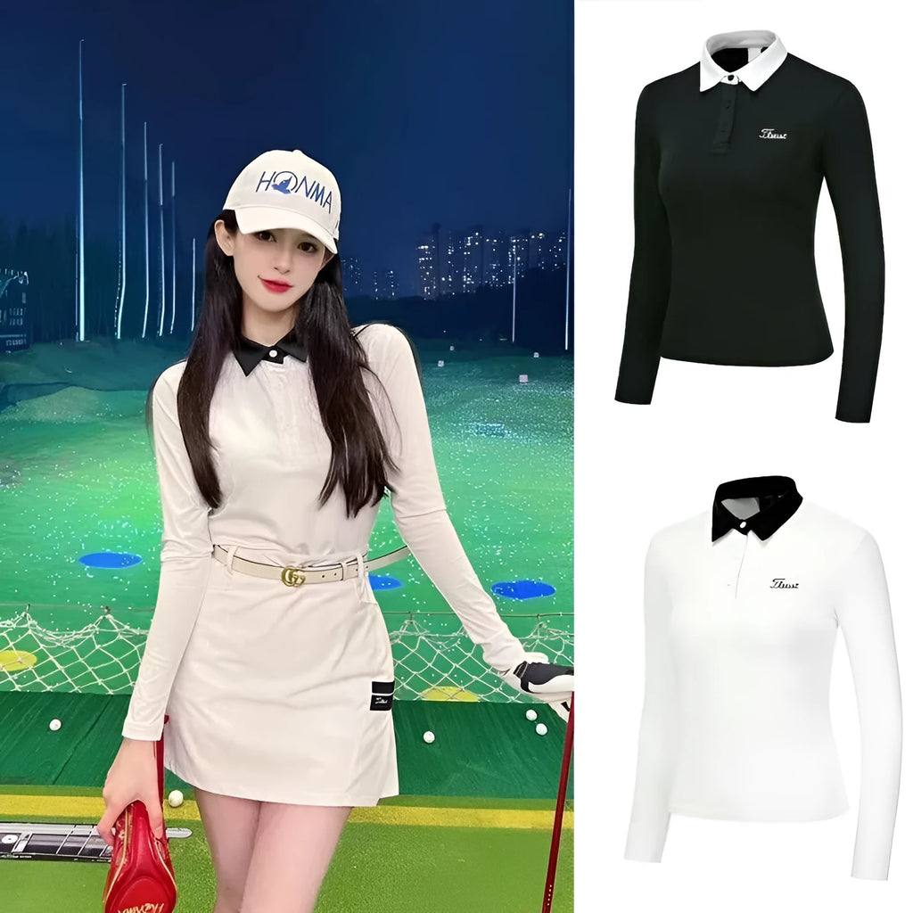 Women's long sleeve golf top in white polyester fabric for sun protection during outdoor sports