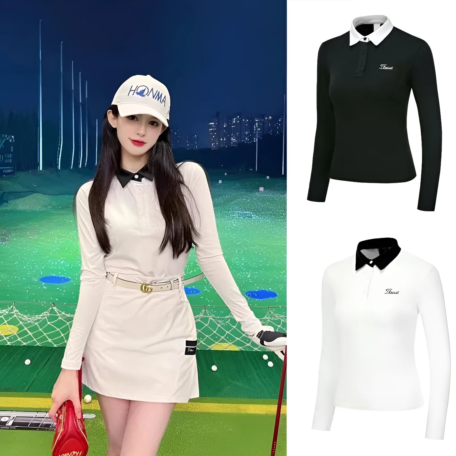 Women's long sleeve golf top in white polyester fabric for sun protection during outdoor sports