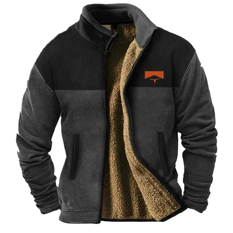 Men's green polyester padded coat with a regular fit and fleece lining on a hanger.