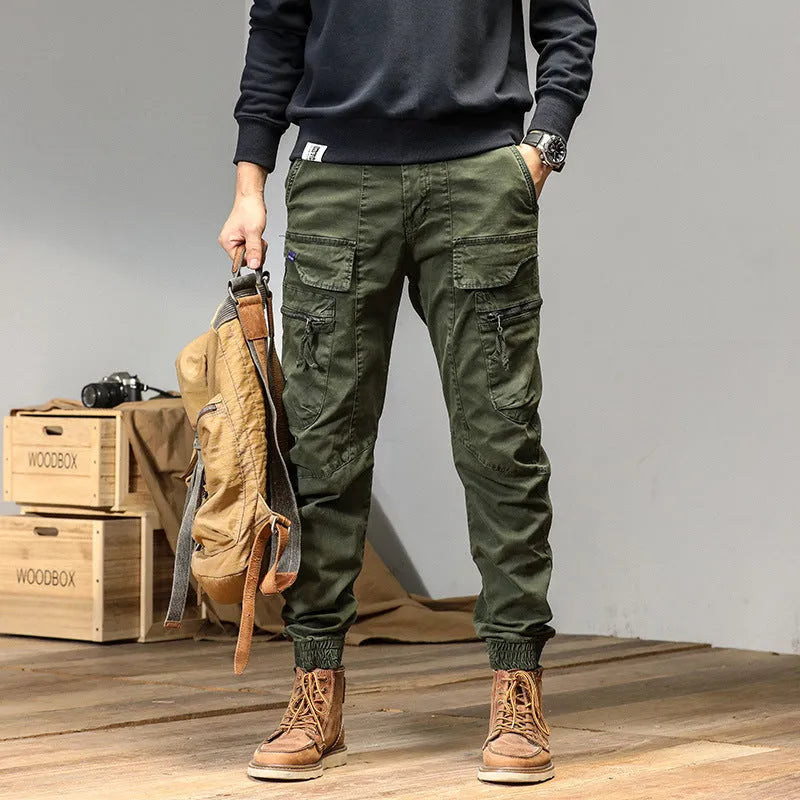 Men's cotton Japanese workwear overalls in army green, straight leg, mid-waist, autumn casual trousers