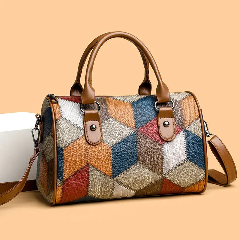 Fashion colour contrast plaid geometric pattern commuter crossbody bag in black PU material cylinder shape with rhombus element