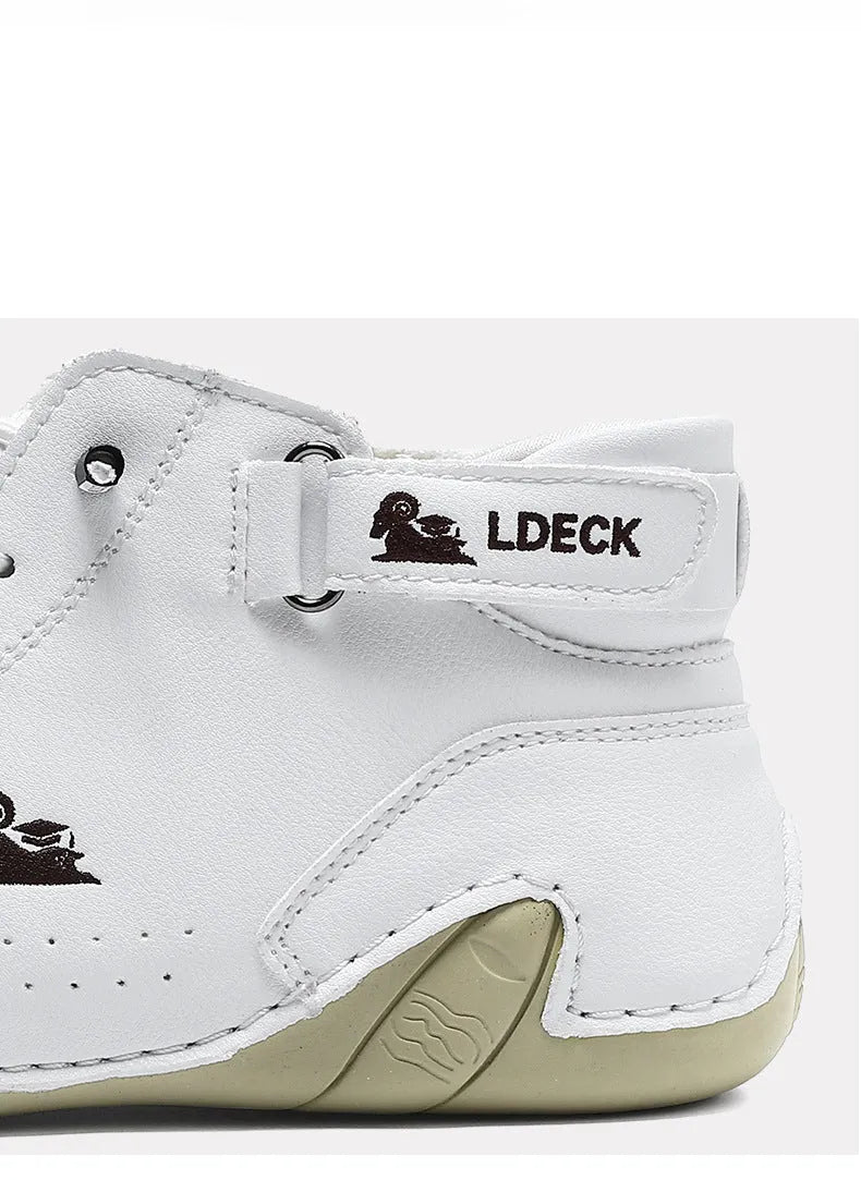 Men's khaki high-top ankle boots with a microfiber upper and rubber sole on a white background.