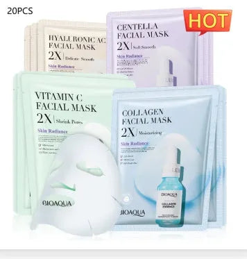 Collagen face sheet mask with 30g gel formula showing hyaluronic acid and Centella Asiatica variants