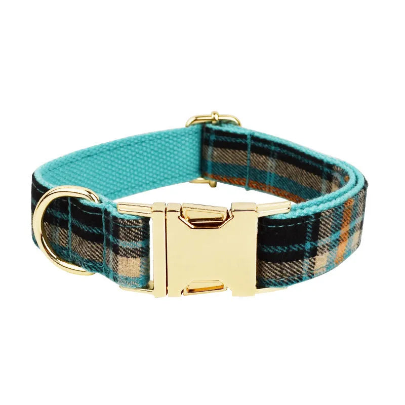 Green retro style cloth dog collar, leash, bow, and vest set displayed as a four-piece package.