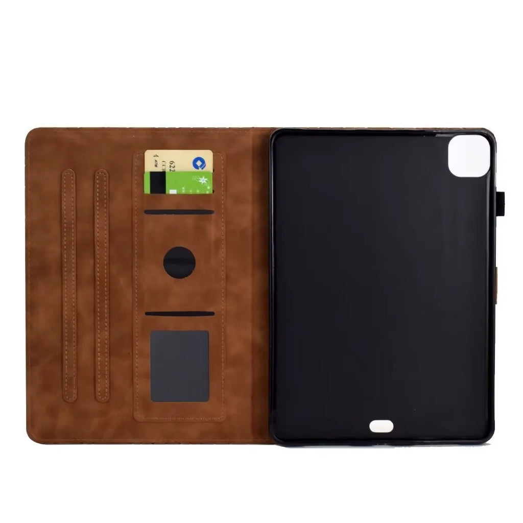 iPad Pro 11 leather case with card holder in diamond embossed pattern, showing stand function.