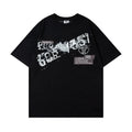 Men's letter affixed cloth embroidered printed short sleeve pure cotton t-shirt in white and black, front view, sizes M to XXL
