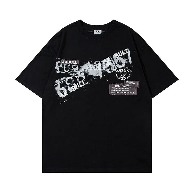 Men's letter affixed cloth embroidered printed short sleeve pure cotton t-shirt in white and black, front view, sizes M to XXL