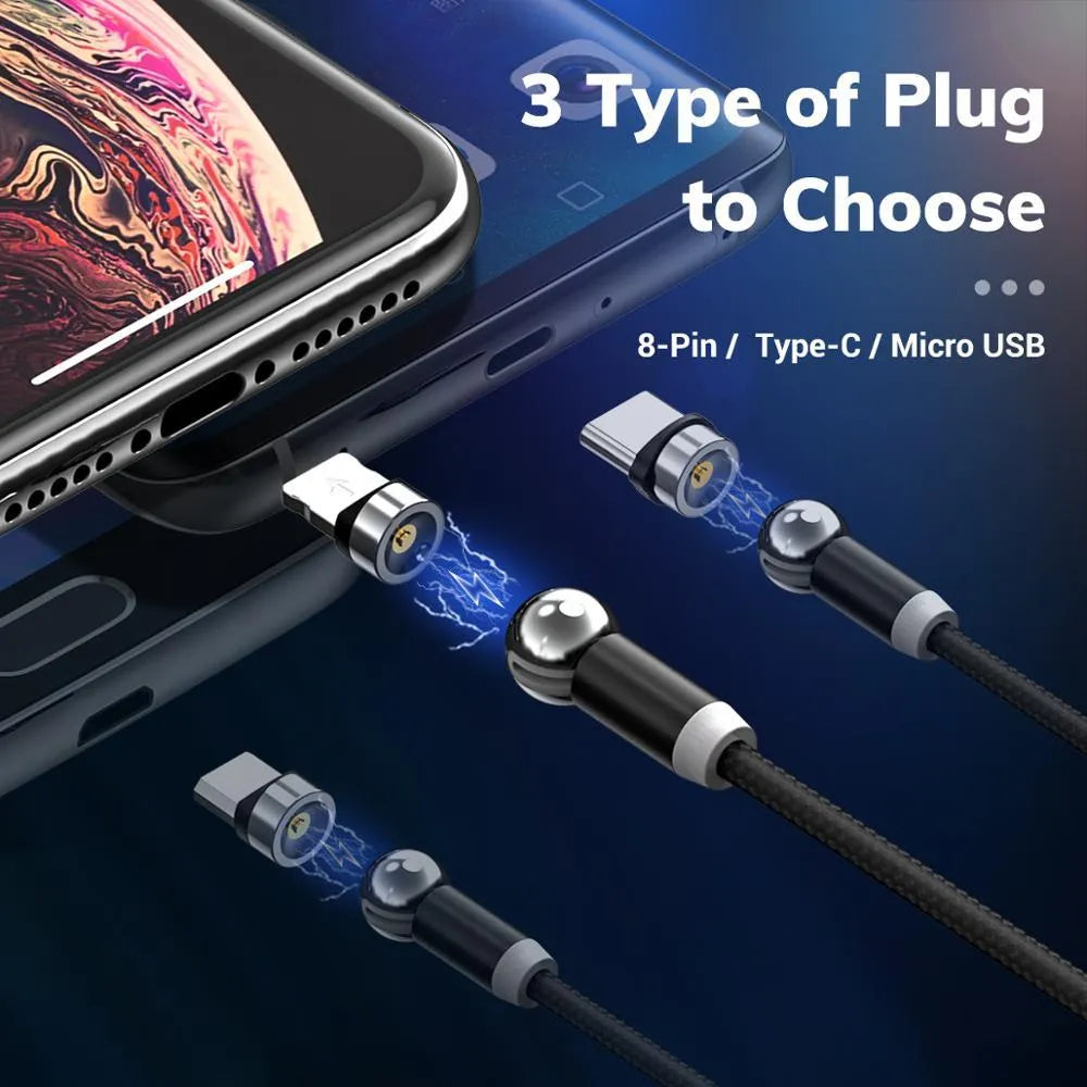 Black magnetic charging cable with spherical connectors showing 360-degree rotation on a table.