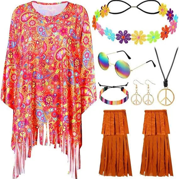 Person wearing a vibrant multi-colour tie-dye cloak with flared bell sleeves, showcasing the irregular print pattern.