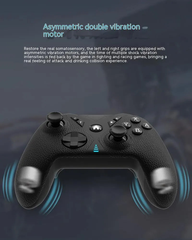 Black wireless game controller with textured leather-grip pattern on handles, shown front and back.