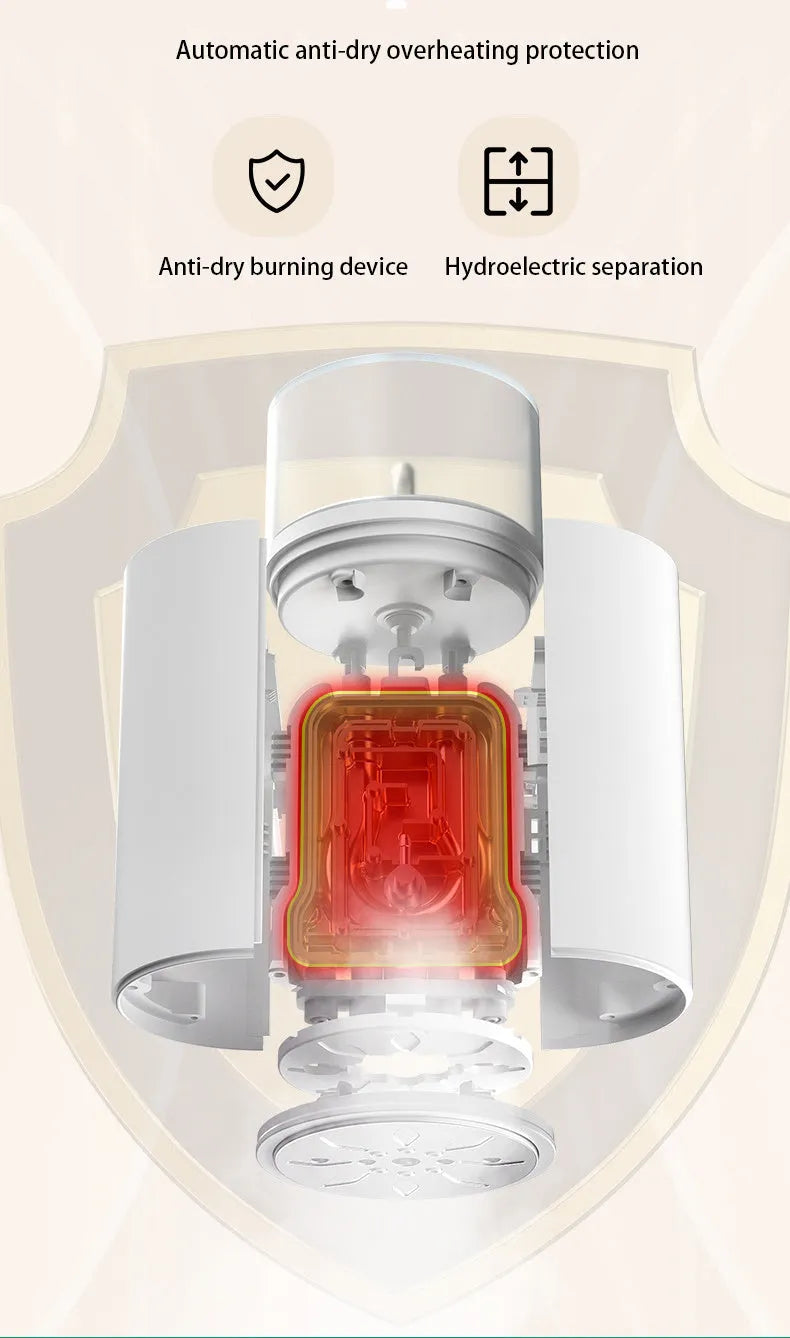 White hanging garment steamer with hand-held hook and stainless steel panel.