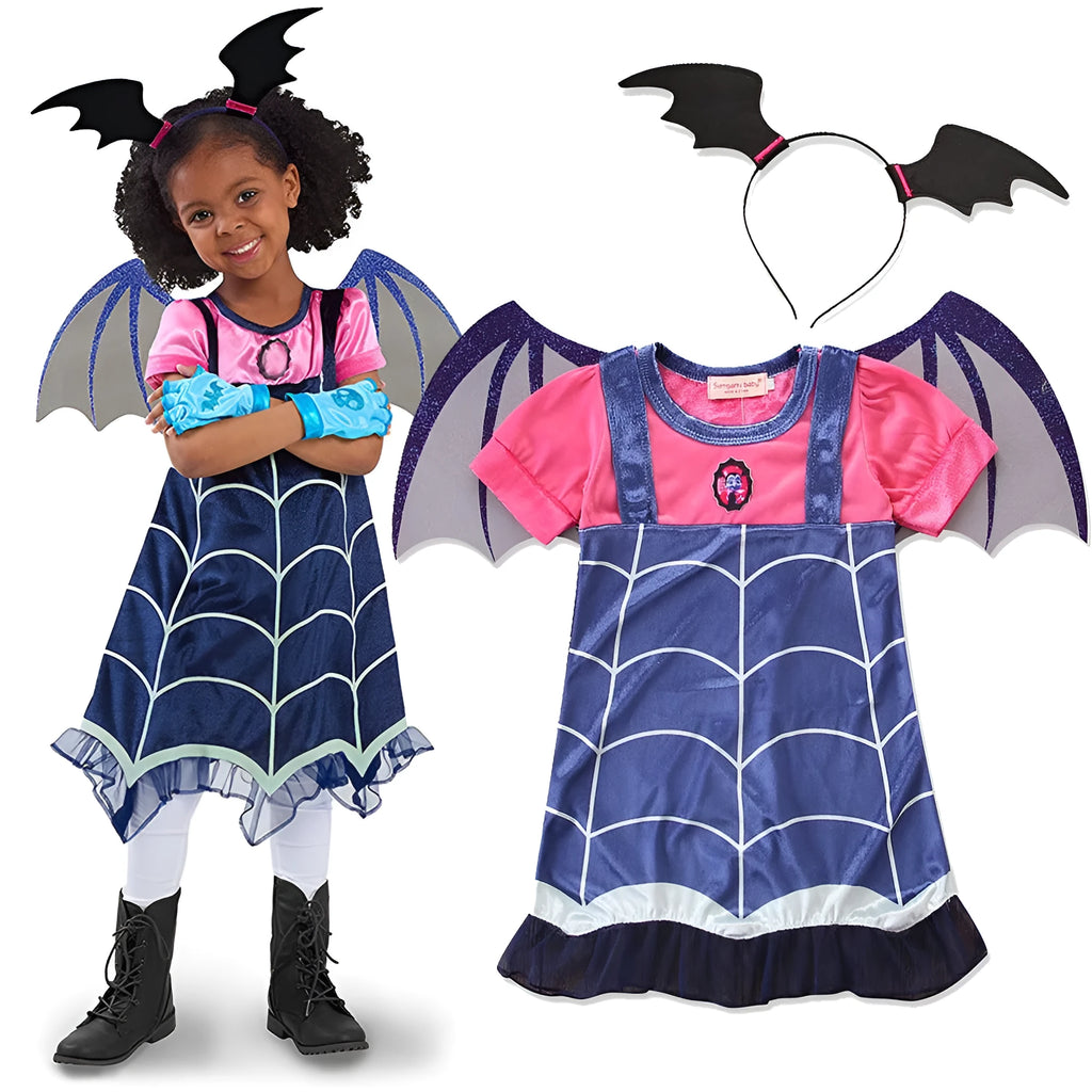 Blue cotton Halloween princess dress for young children with short sleeves and princess detailing