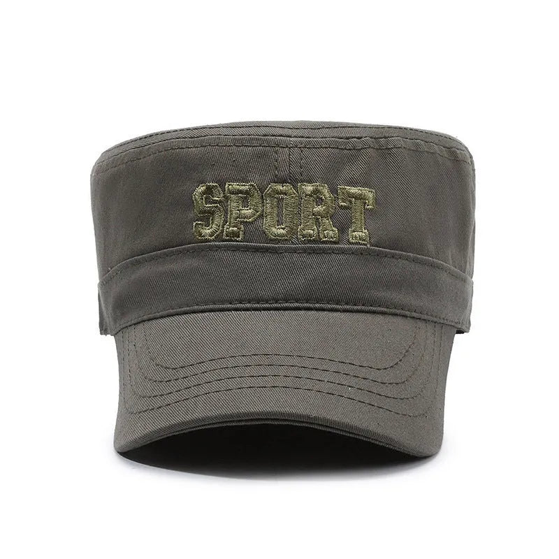 Men's flat-top peaked cotton cap in army green with an adjustable strap and dome crown.