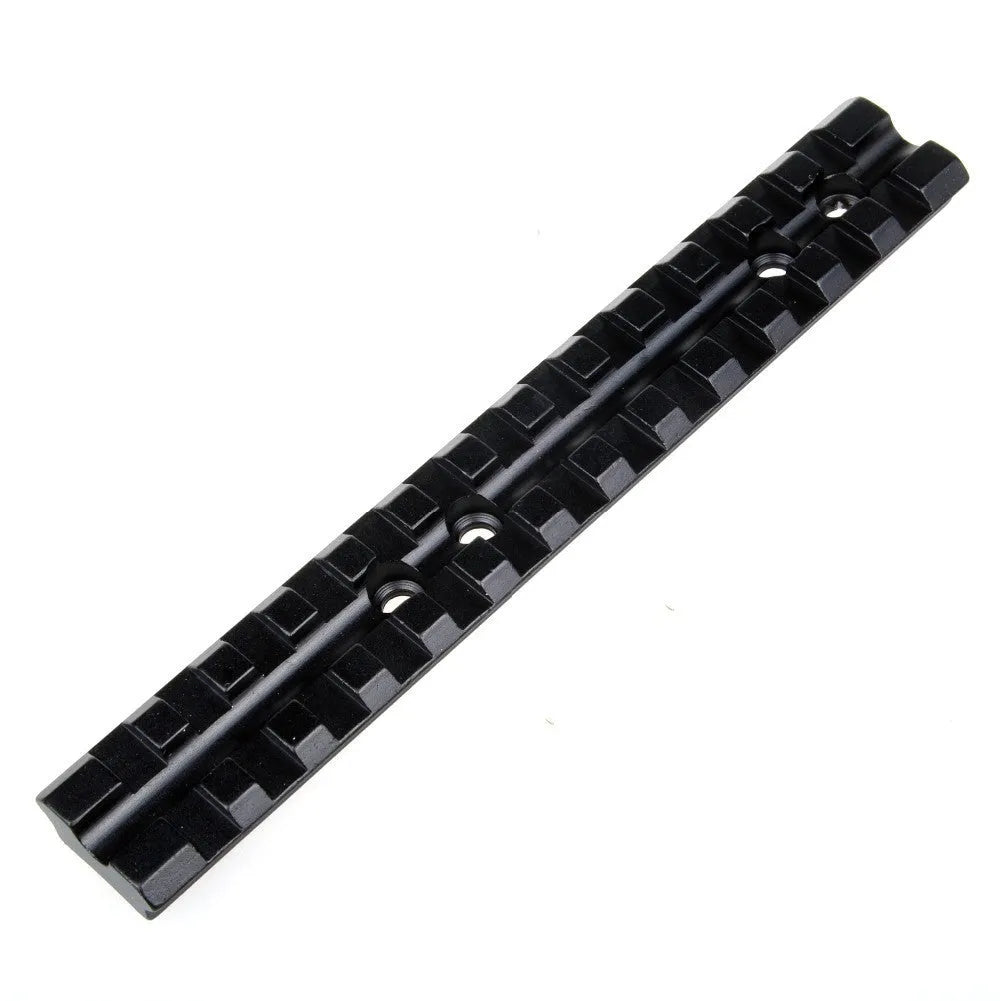 Black aluminium shotgun scope mount with 140mm rail, 13 slots, screws and Allen key for Mossberg 500
