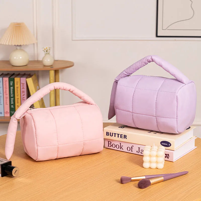Cylindrical cotton cloth puff cosmetic bag in four colours including Rose Red, Pink, Purple, Green, ins style, no logo
