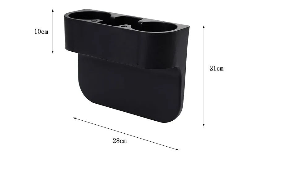 PP plastic car cup holder with two cup seats and sundries compartment in black, 21x28x10cm, for seat back mounting