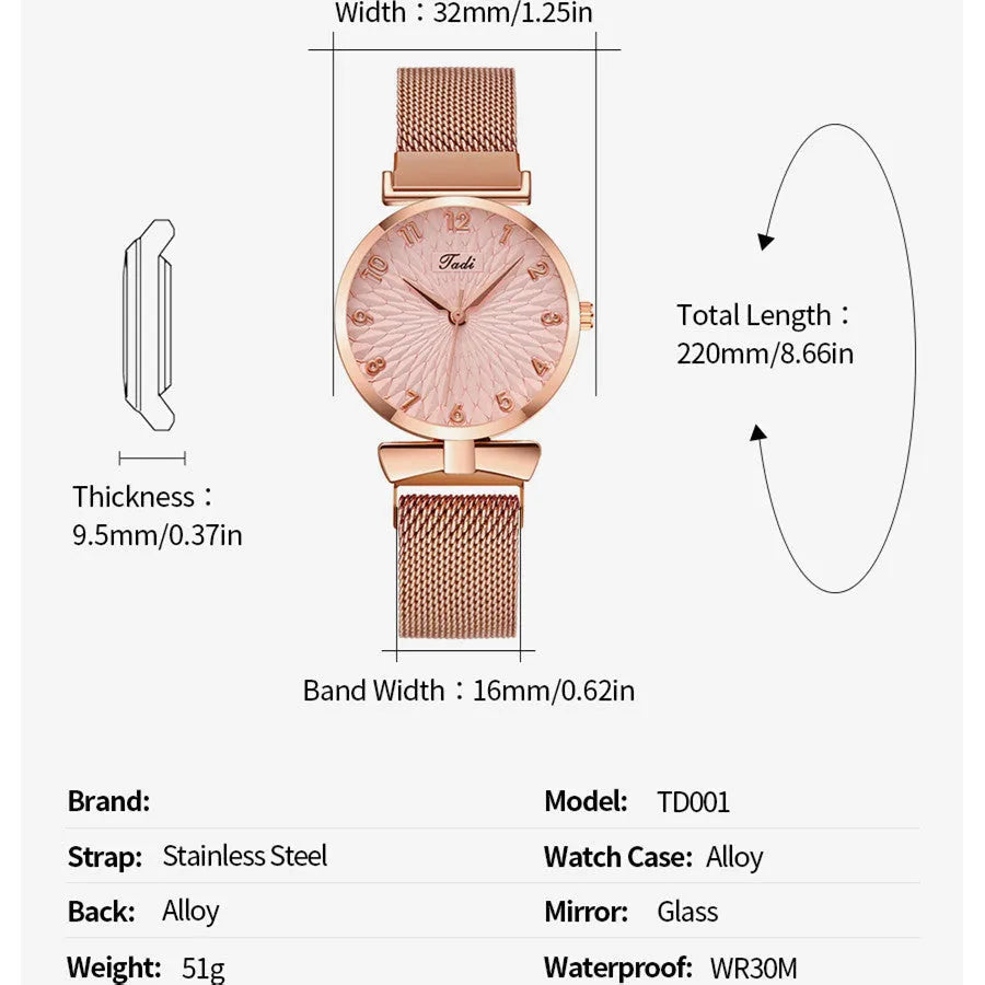 Women's quartz watch with rose pink gold bracelet, round 26mm dial, mineral glass mirror, and pin buckle