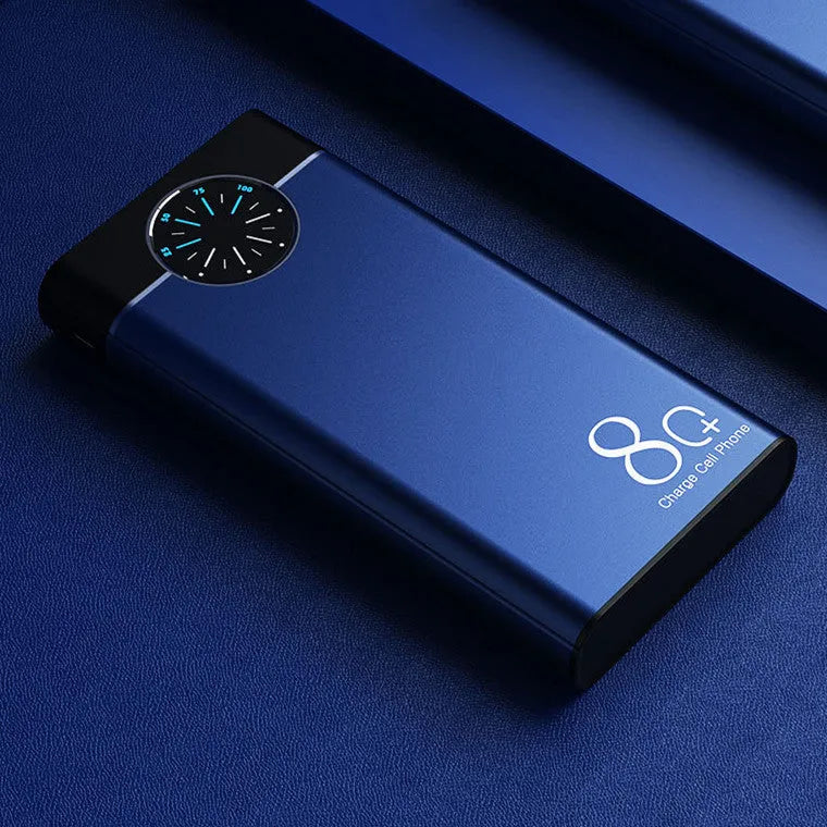 20000mAh alloy fast charging power bank in black, red, and blue colours with LED flashlight