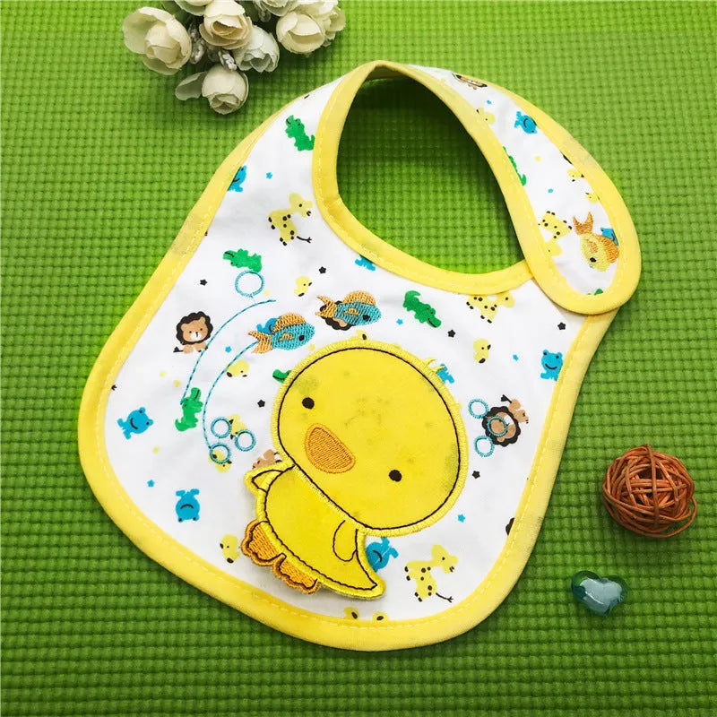 Three-layer waterproof polyester cotton baby bib with cartoon animal pattern in blue car design