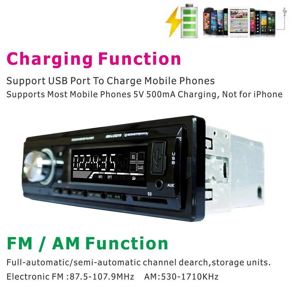 Car stereo Bluetooth FM MP3 receiver with USB and SD card slots, remote control, measuring 178x50x115mm