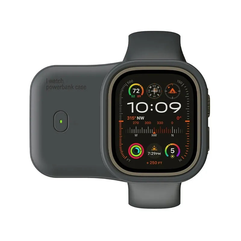 Portable wireless power bank charging case for Apple Watch in silicone case, shown next to watch.