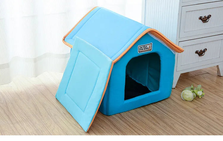 Pet folding bed in blue with sponge and PP cotton cloth construction and non-slip base available in multiple sizes